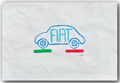 oil pastel drawing of a blue FIAT 500 car with 'FIAT' written on it, coloured with green and red markers, on a white background.