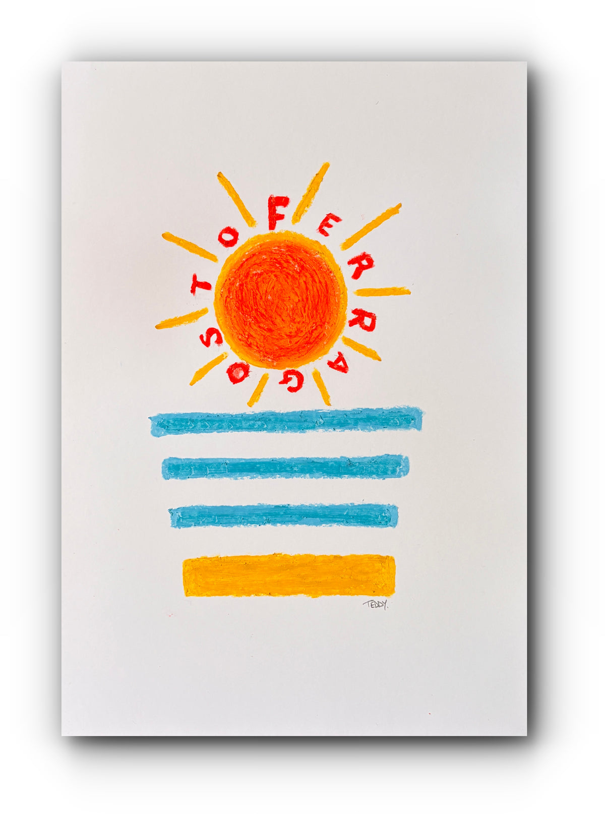 A square art print featuring a colorful hand-drawn style sun with the word 'FERRAGOSTO' Italian summer, written in red letters around it, above three blue horizontal stripes and a yellow rectangular shape on a white background.