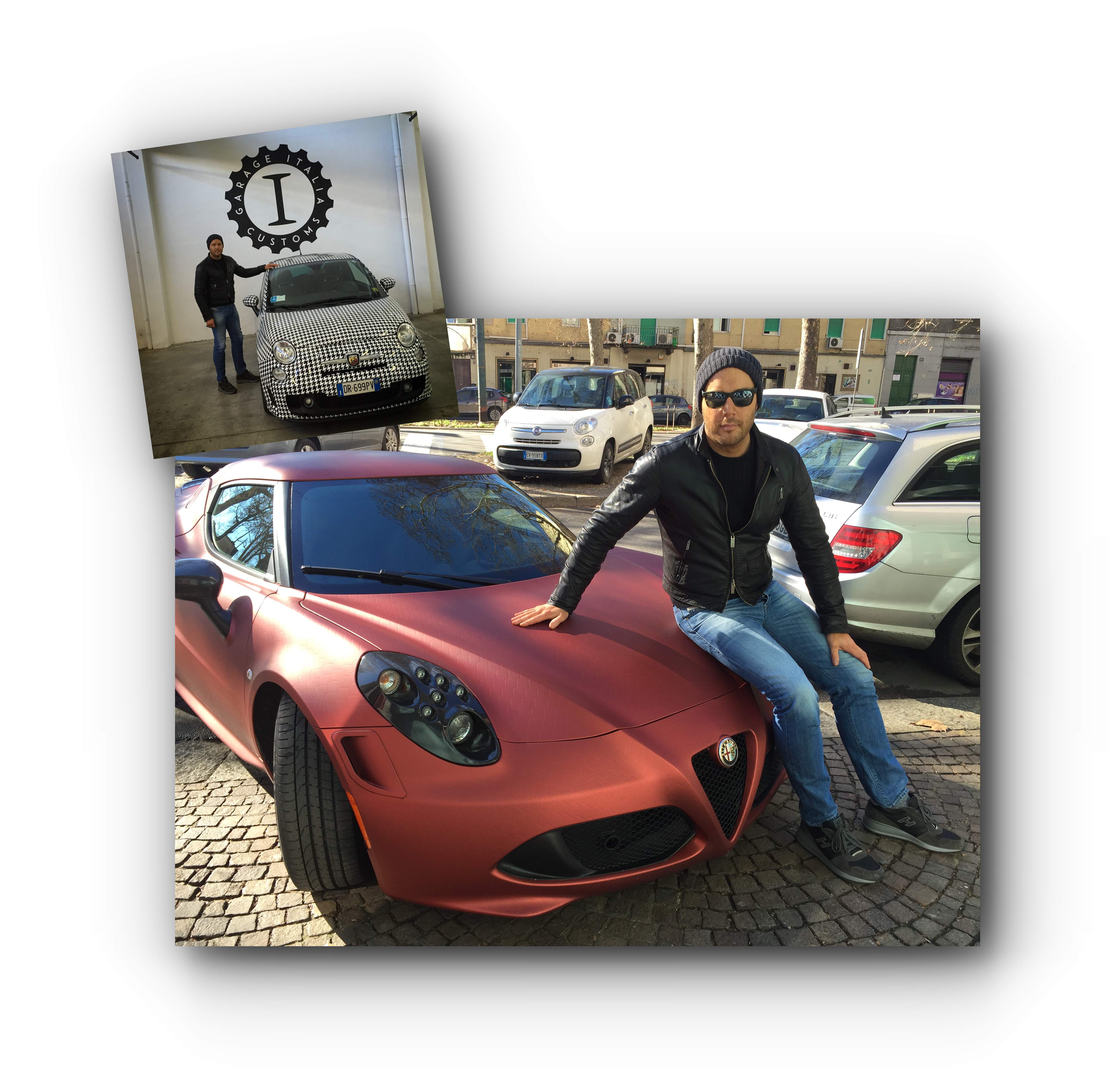 Garage Italia customs milan alfa romeo 4C and Lapo Elkann's houndstooth Abarth Competizione with artist Teddy McDonald in 2016