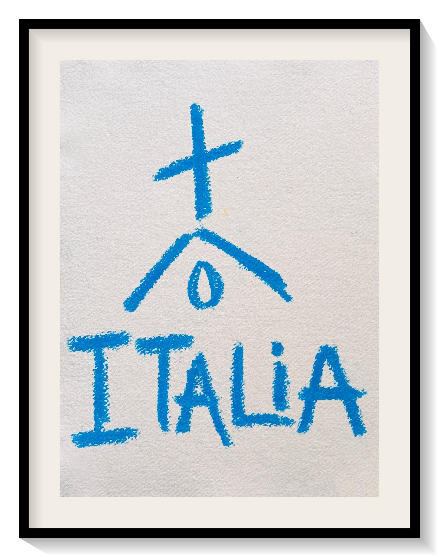 Framed art print featuring a blue hand-drawn sketch of a church with a cross on top and the word 'ITALIA' below, set against a textured off-white background with a black frame.