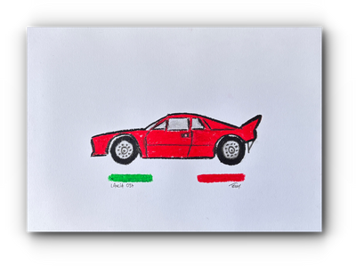 A hand-drawn illustration of a red Lancia 037 sports car on a white paper, with green and red paint swatches and small handwritten labels below the car.
