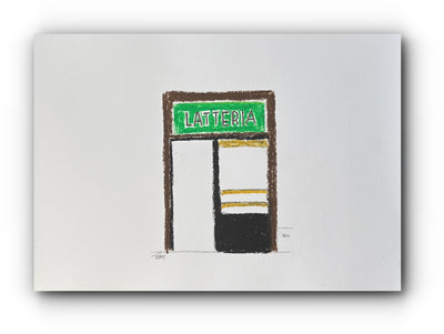 Latteria in Florence, italy, an architectural drawing in oil pastel by artist Teddy McDonald
