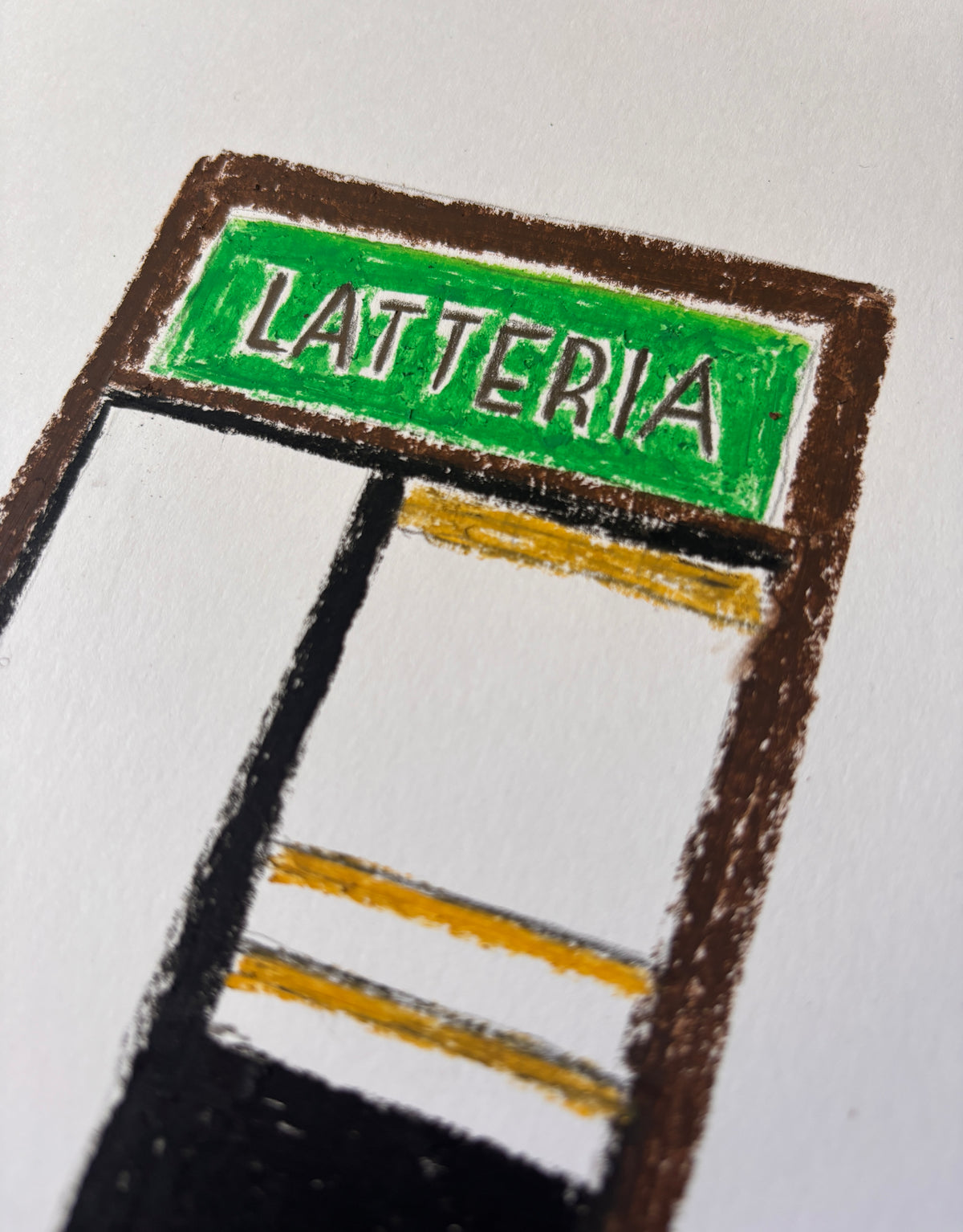 an oil pastel drawing of Latteria in Florence Italy by contemporary artist Teddy McDonald