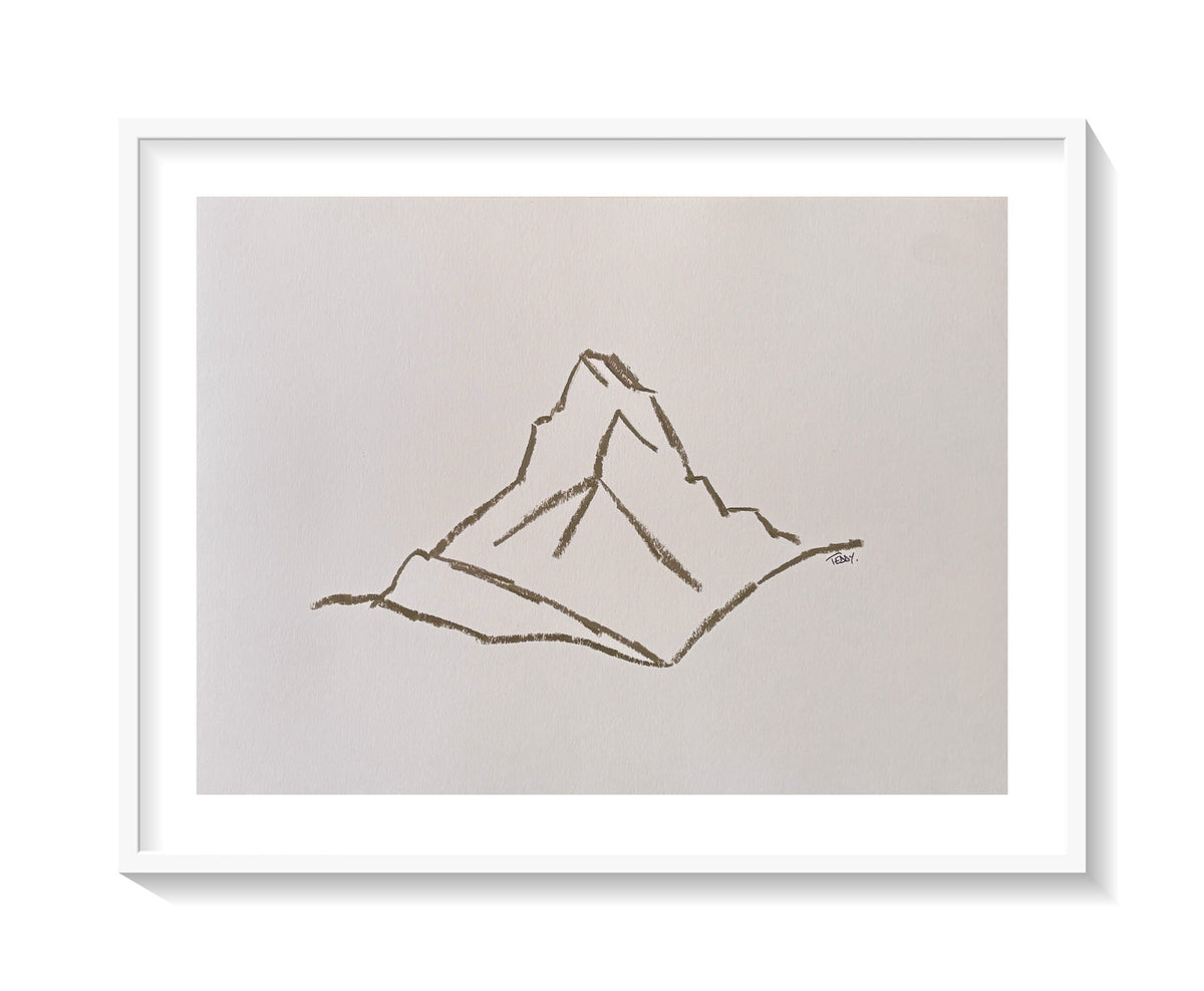 A minimalist framed art print featuring an oil pastel line drawing of the Matterhorn mountain in the Swiss Alps, enclosed in a clean white frame.