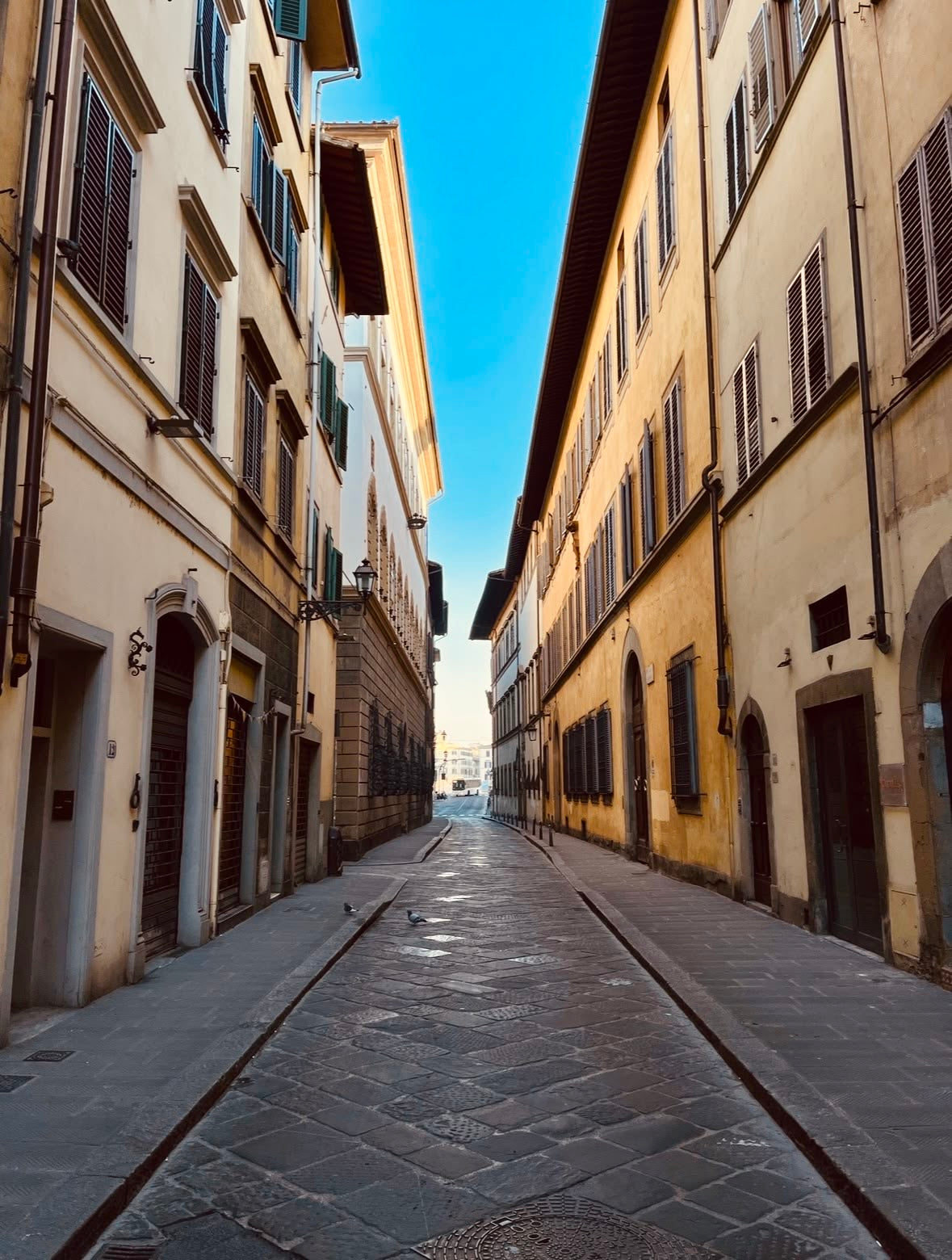 A quiet Italian street scene in Oltrarno Florence in winter with blue sky