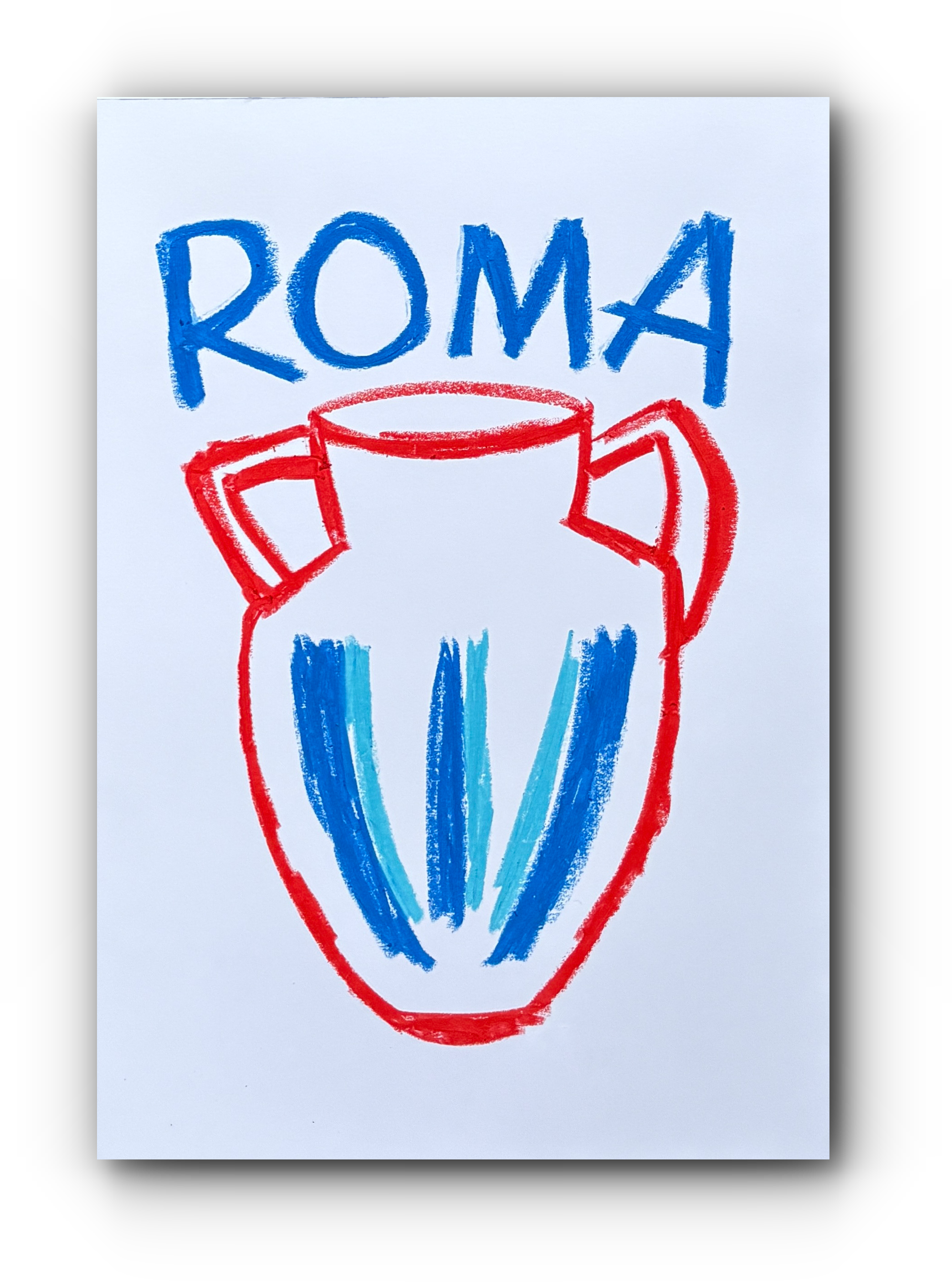 Hand-drawn illustration of an ancient roman vase with 'ROMA' text in blue by teddy mcdonald