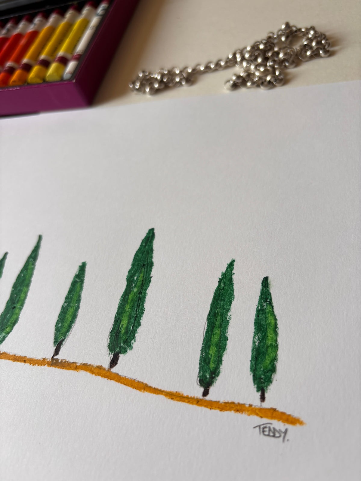 a row of cypress trees in Tuscany in oil pastel drawn by artist Teddy McDonald