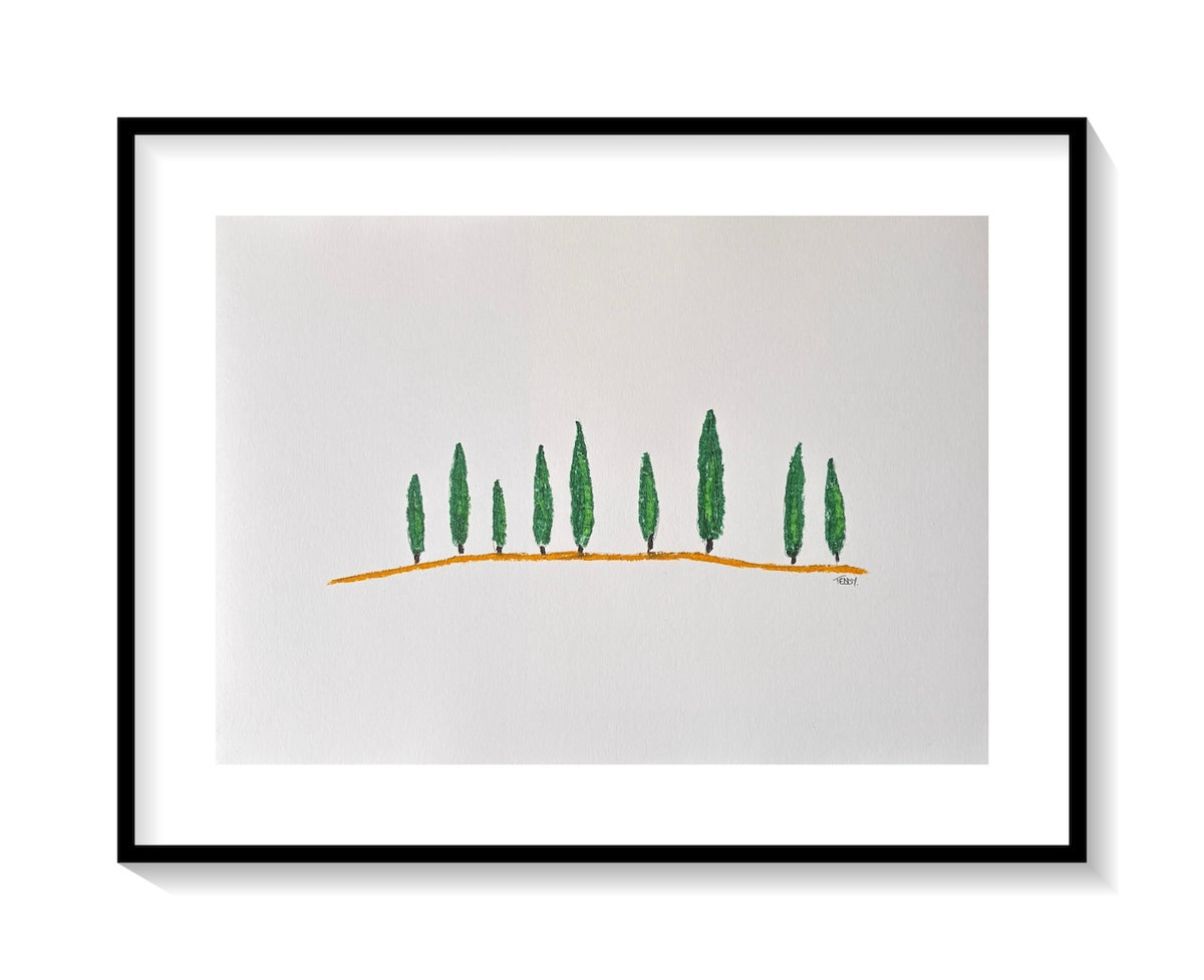the essential lines of green cypress trees on a curved orange line a studio edition artwork by teddy McDonald