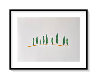 the essential lines of green cypress trees on a curved orange line a studio edition artwork by teddy McDonald