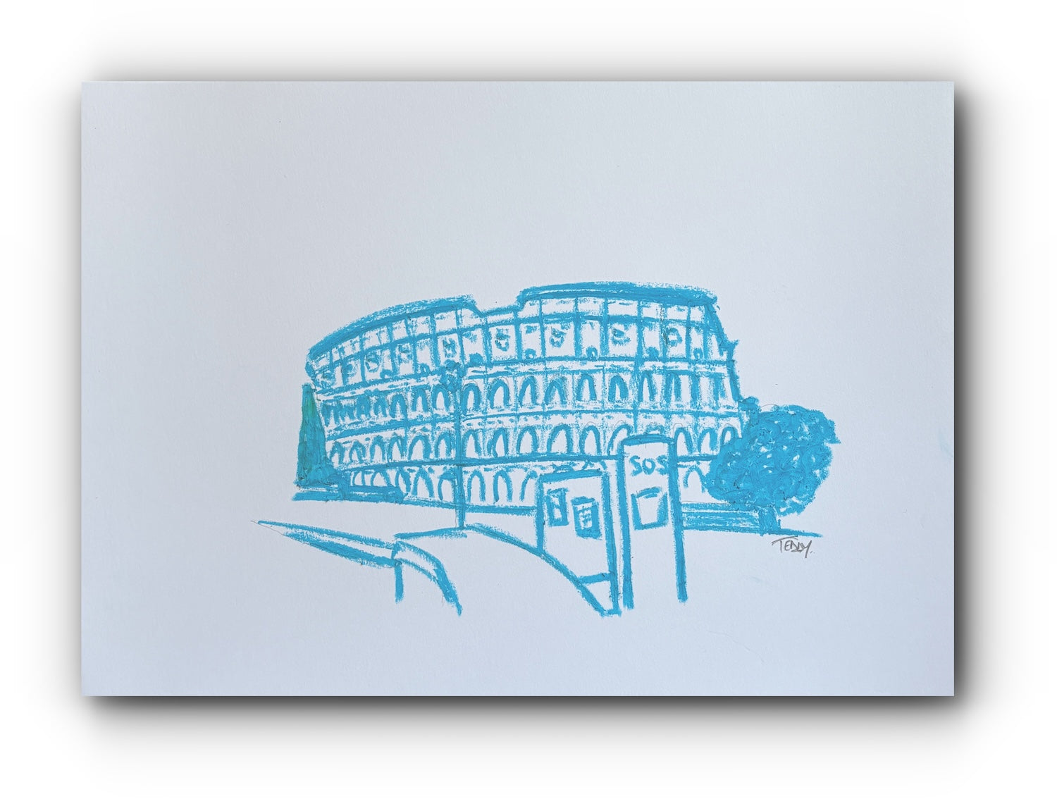 Blue illustration of the Colosseum by teddy McDonald