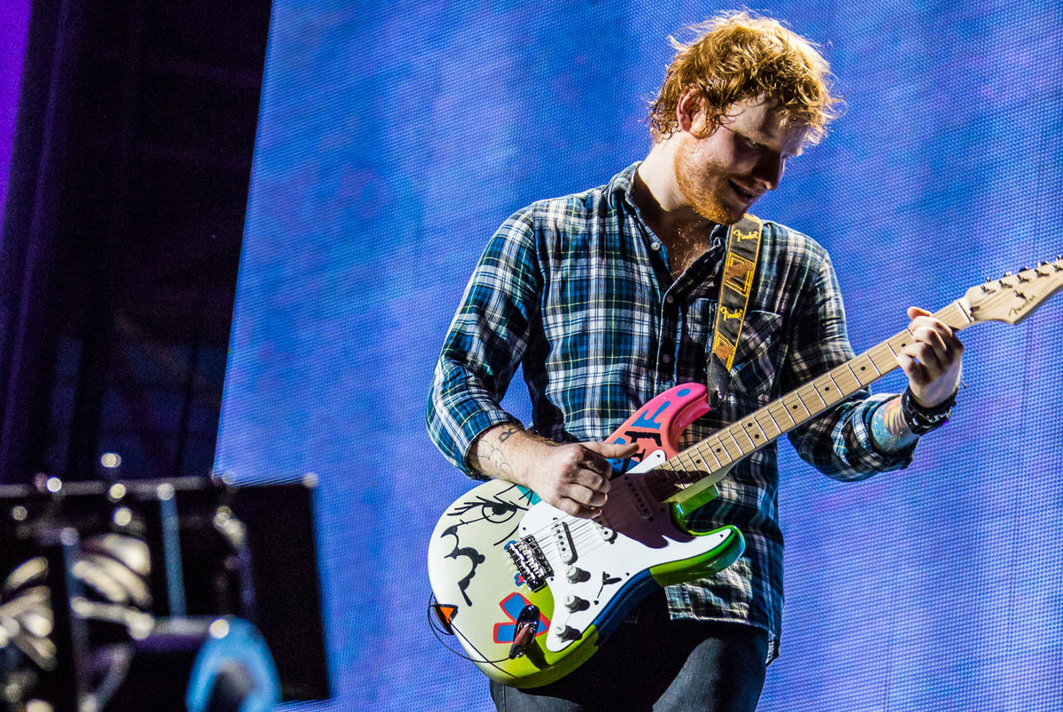 Ed Sheeran playing his Crash x Teddy McDonald Fender Stratocaster guitar 