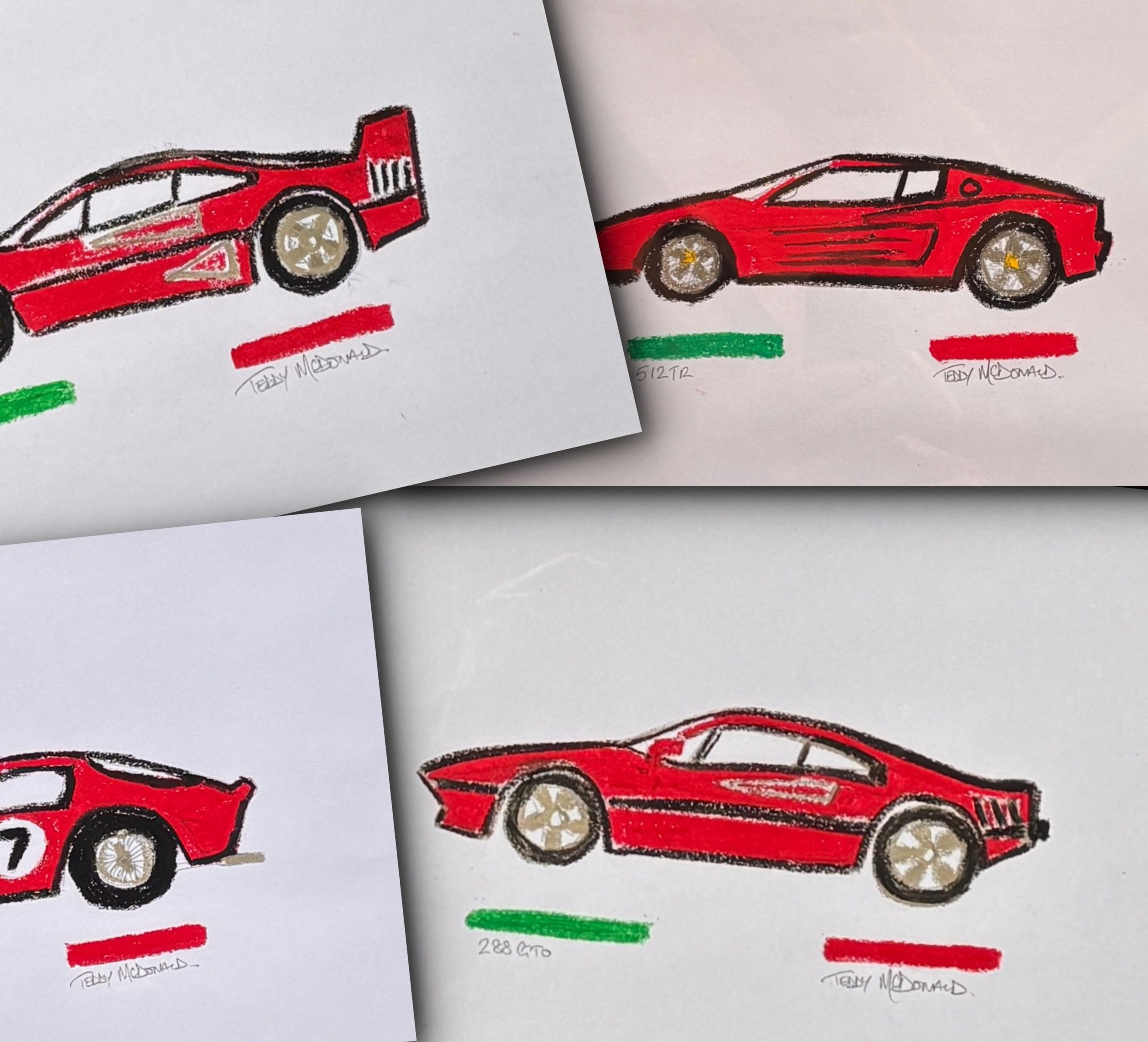 Ferrari cars oil pastel drawings by TEDDY McDONALD F40 Testarossa 250 GTO 288 GTO