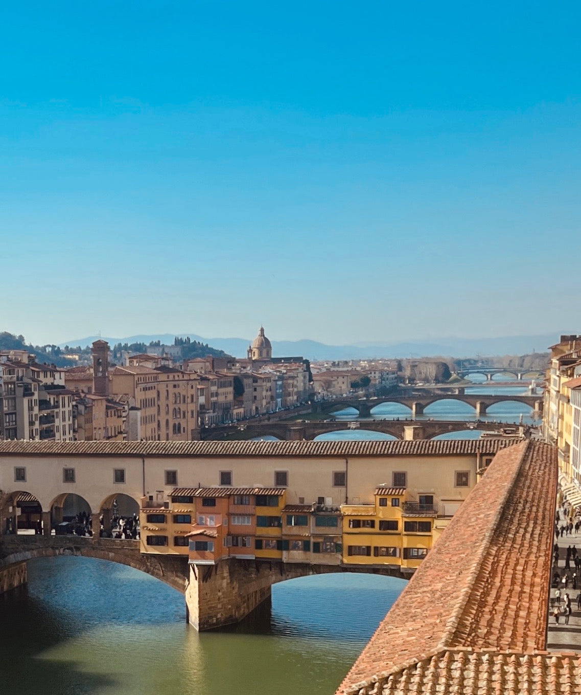 florence, italy, view from Uffizi looking over Ponte Vecchio and river Arno. 