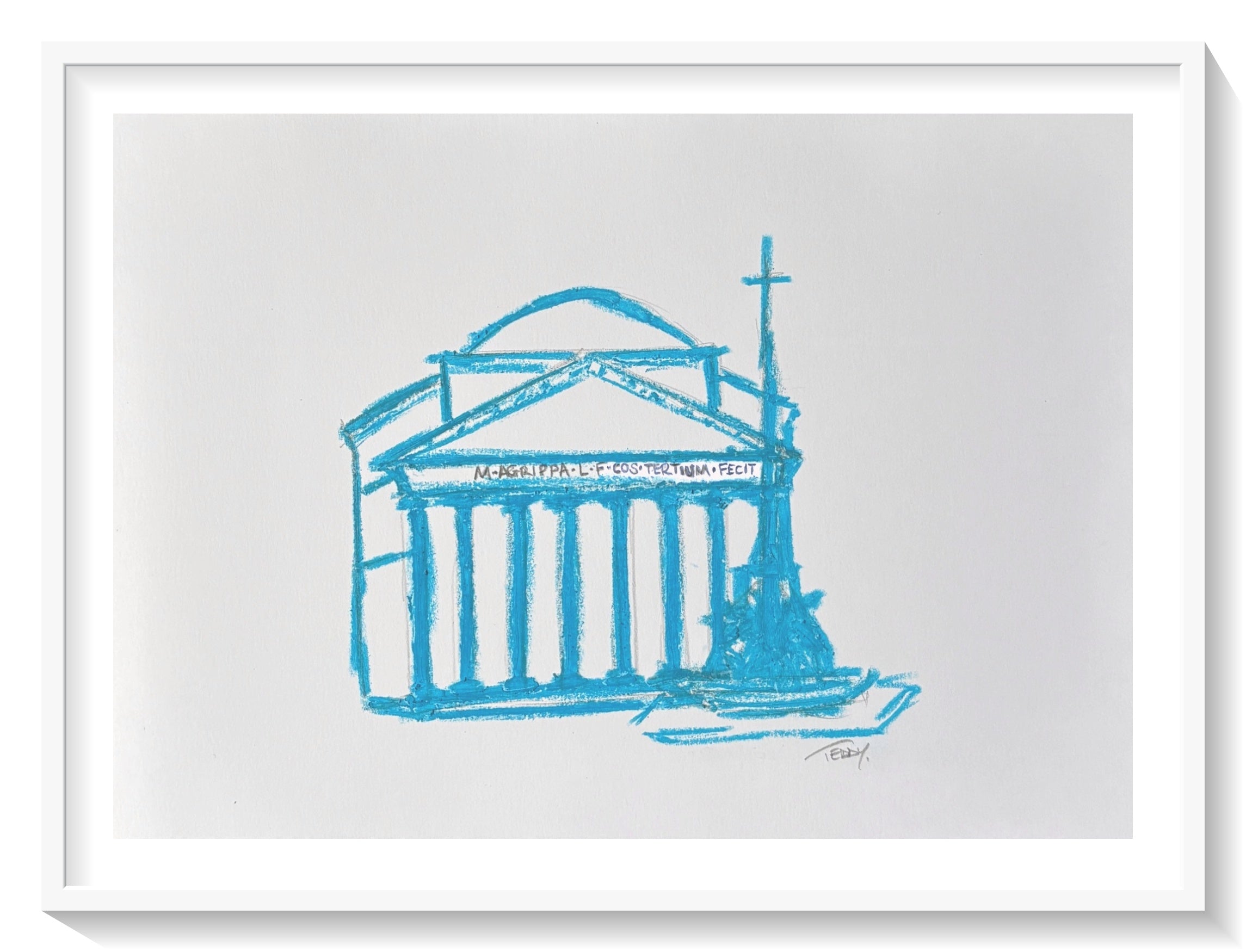Framed artwork of a blue Pantheon Rome architectural drawing on a parchment background by teddy mcdonald