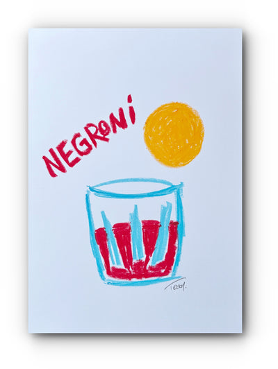 oil pastel Illustration of a Negroni cocktail with a glass, orange, and red liquid with sunshine by teddy mcdonald