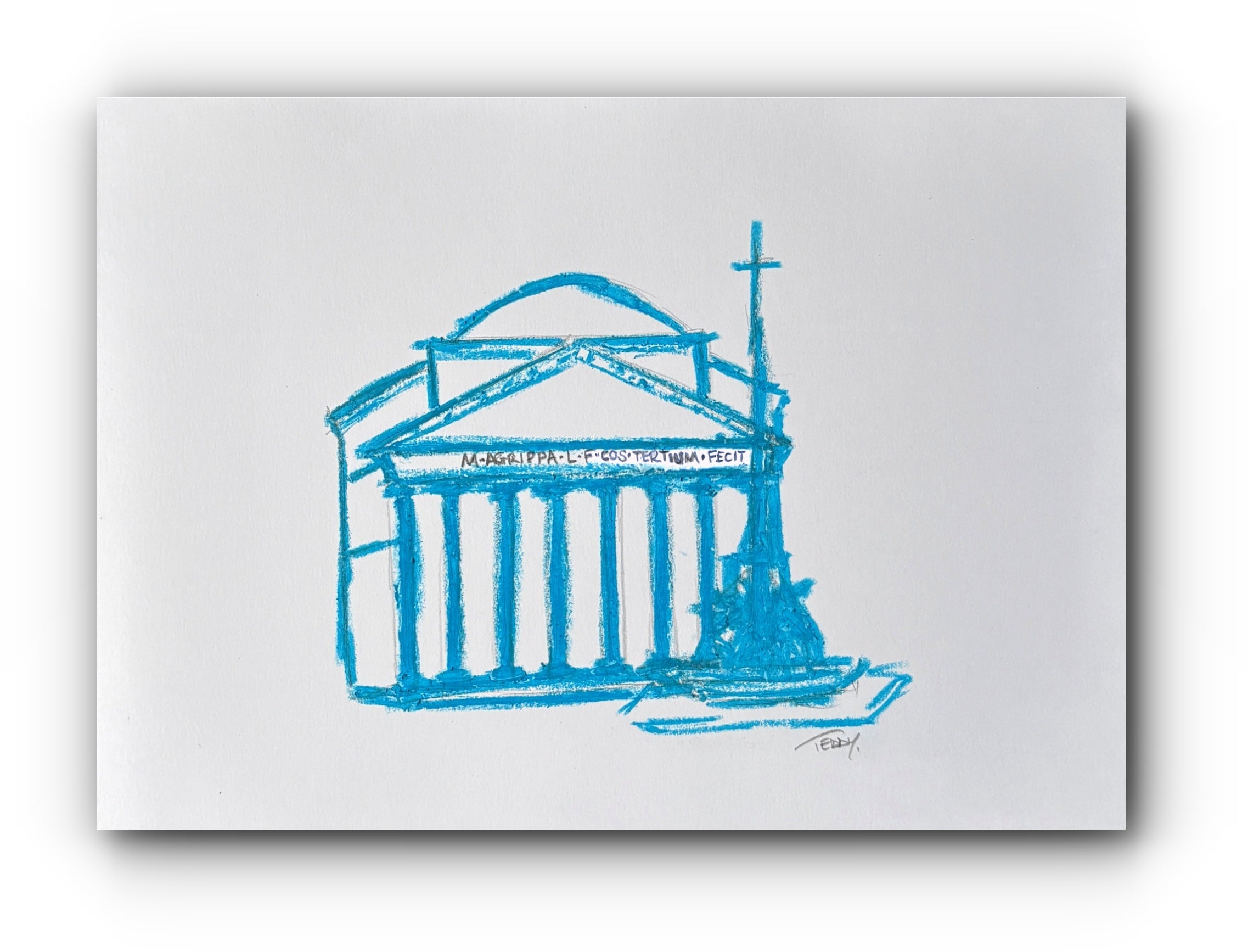 Blue architectural drawing of the Pantheon Rome on a white background by teddy mcdonald