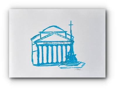 Blue architectural drawing of the Pantheon Rome on a white background by teddy mcdonald