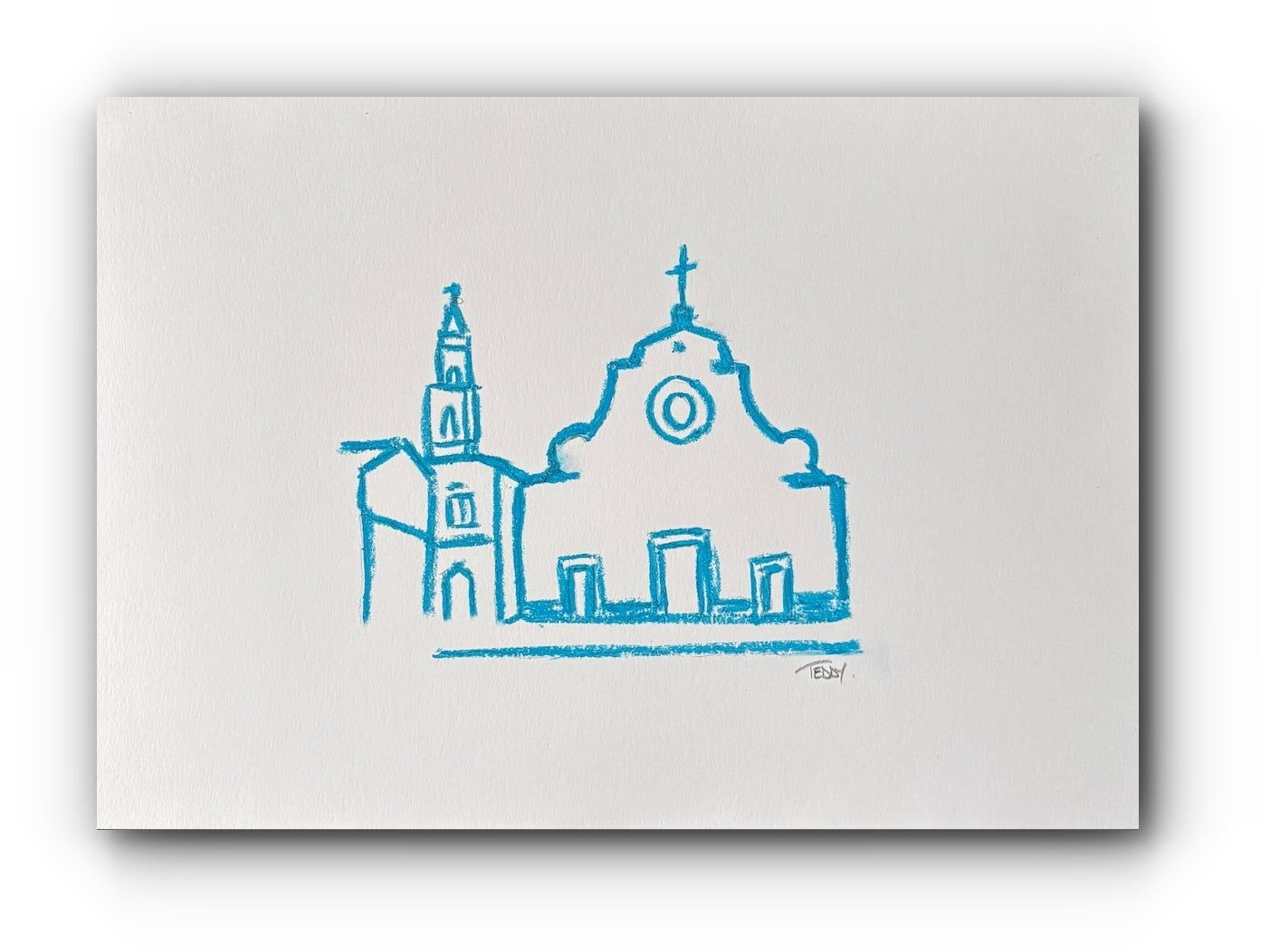 Blue line drawing of Santo Spirito Basilica church Florence, Italy on a white background by Teddy mcDonald.