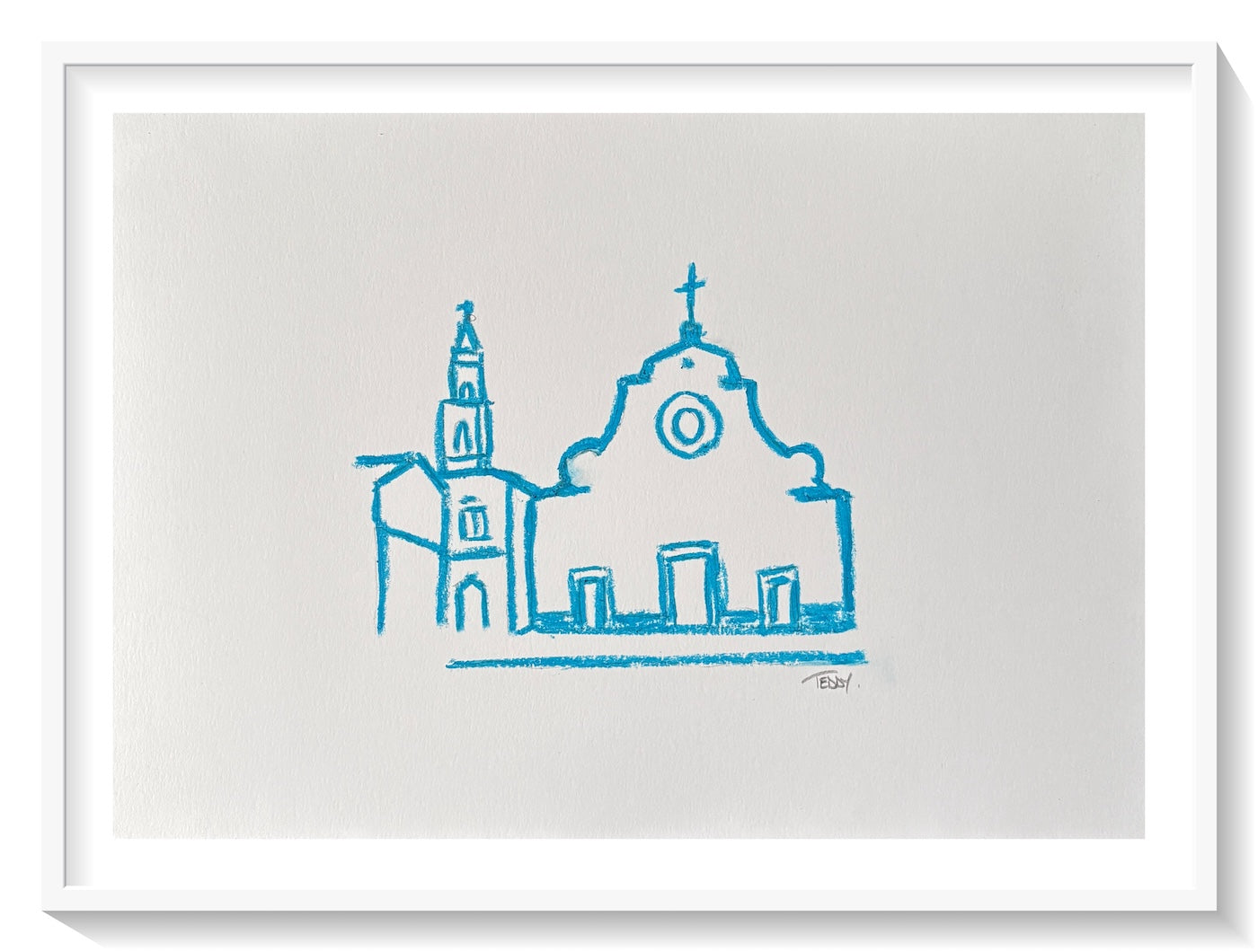 Blue line drawing of a Santo Spirito basilica church Florence italy on a white background by teddy mcdonald