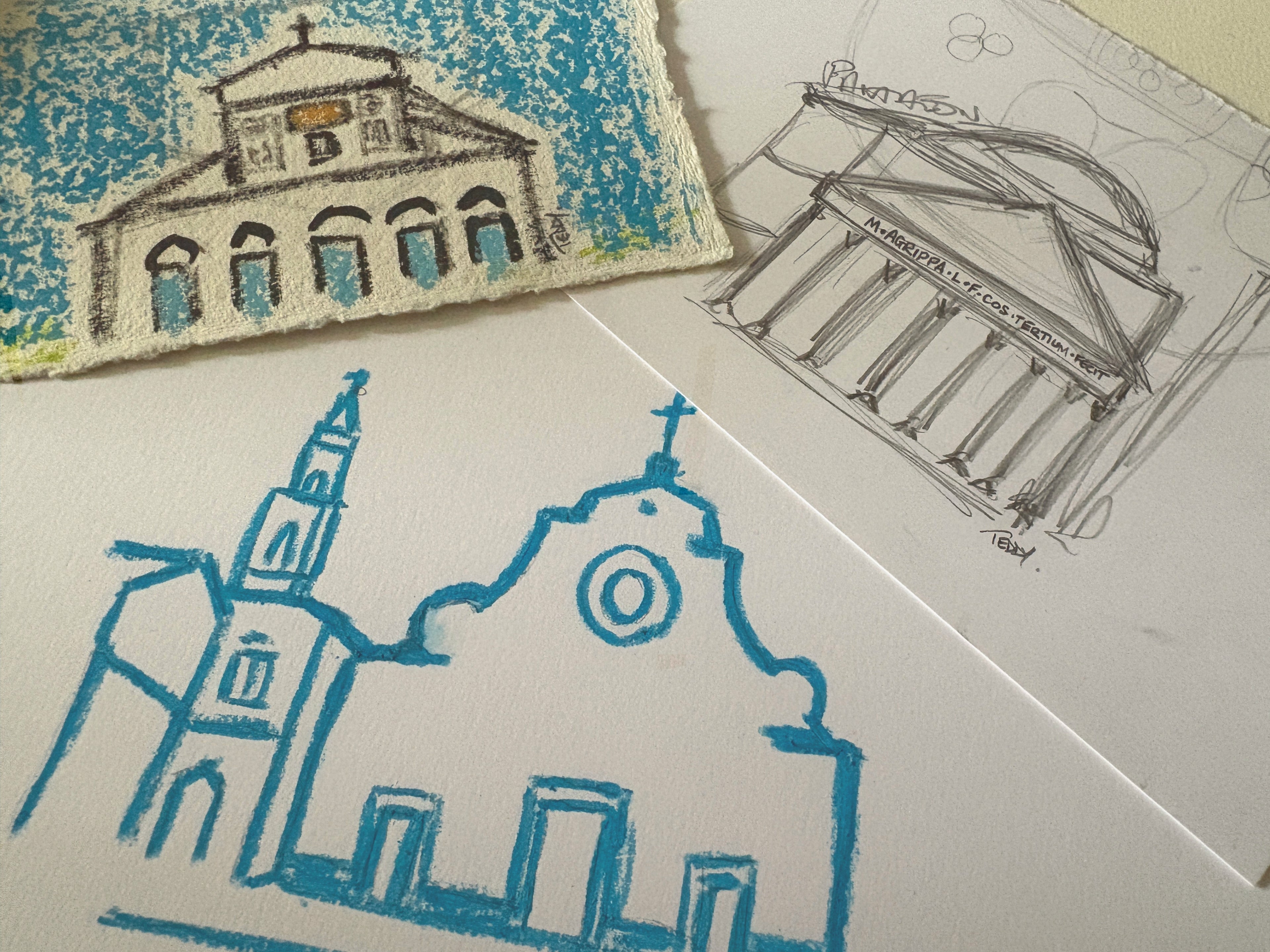 architectural oil pastel fine art drawings of Italian buildings the pantheon Rome, Santo spirito florence and san miniato al monte by artist Teddy McDonald