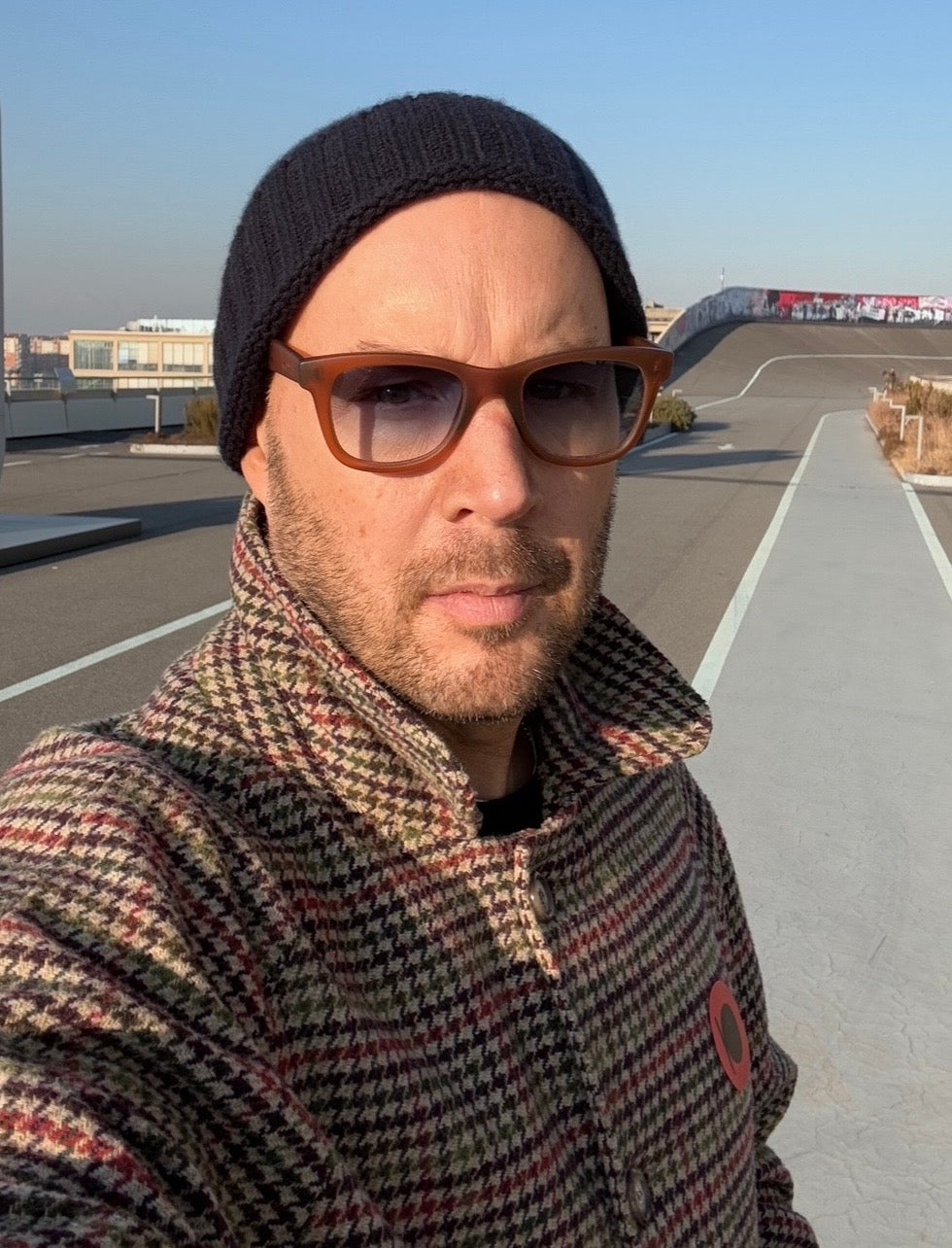 artist teddy McDonald on the roof of the FIAT Lingotto in Turin, Italy January 2025.