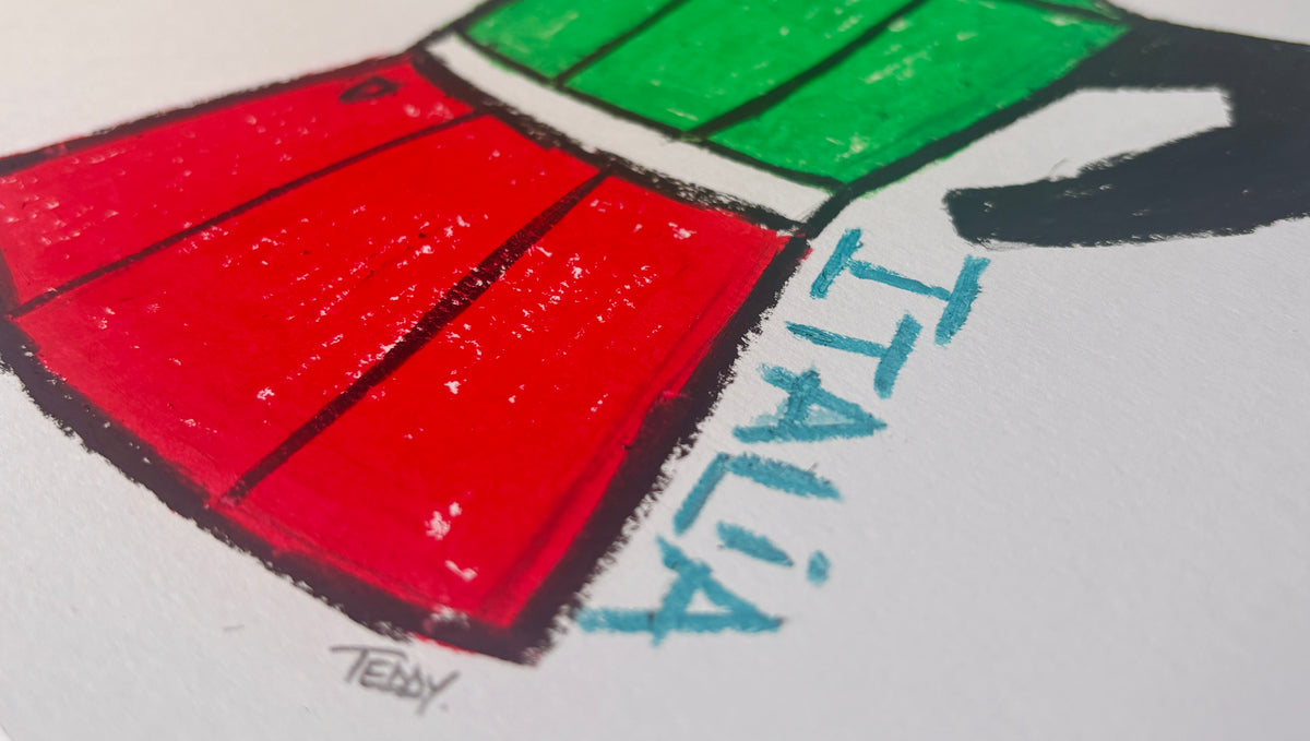 A close-up of a hand-drawn oil pastel illustration of the Italian flag on a Moka Pot with textured white paper, with the word 'ITALIA' written in blue marker and a small artist signature 'Teddy' at the bottom, by artist Teddy McDonald.