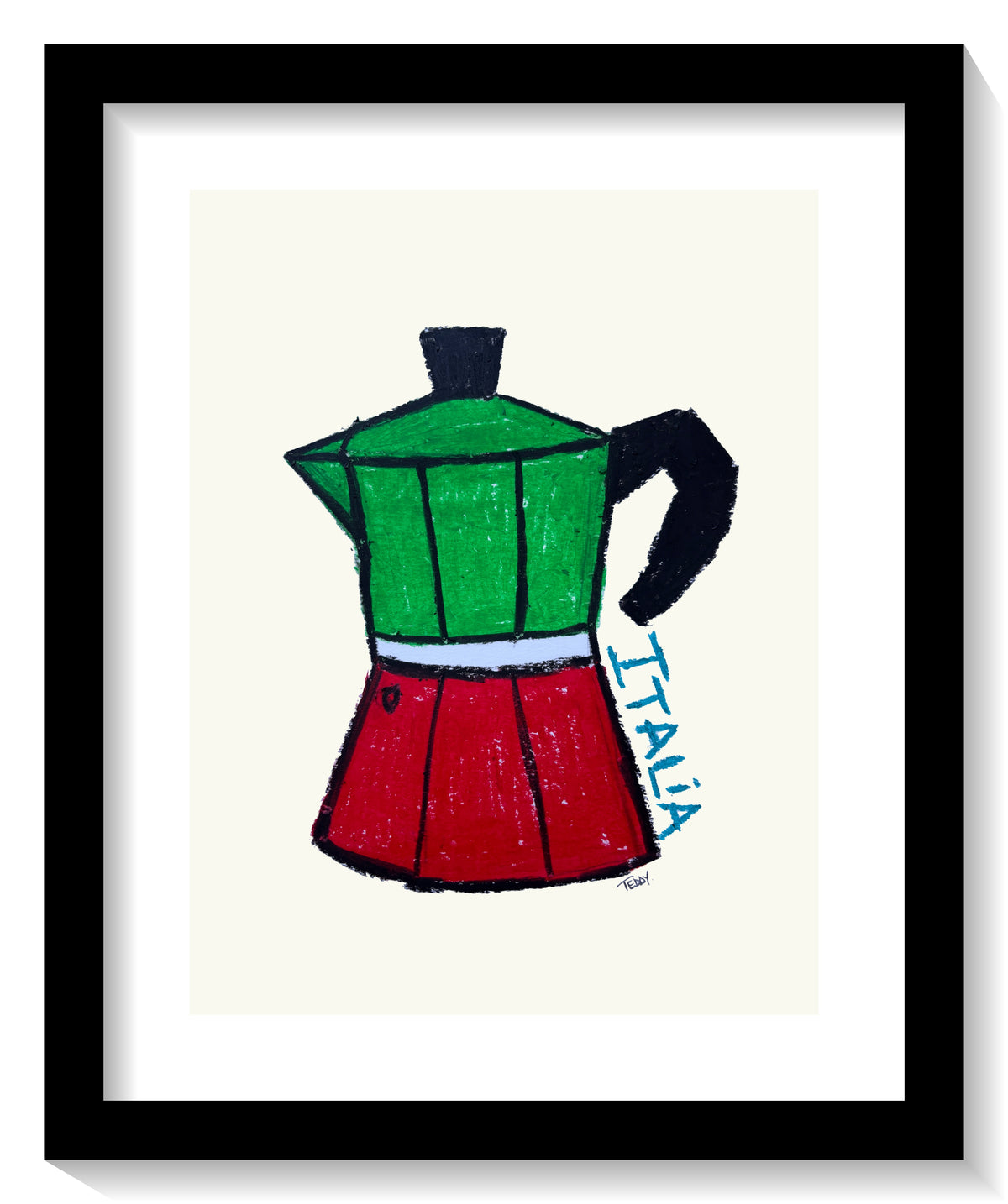 Framed art print featuring a hand-drawn Italian moka pot in Italian flag, green, red, with black handle, with the word 'ITALIA' written vertically in blue, set against a cream background by artist Teddy McDonald.