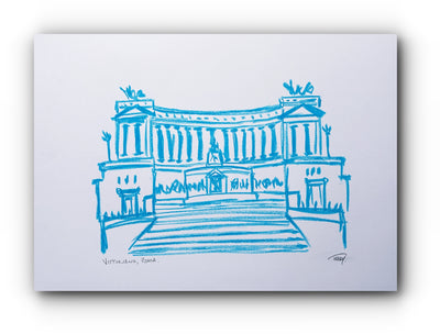 Blue architectural drawing of Vittoriano Rome a parchment background by Teddy McDonald