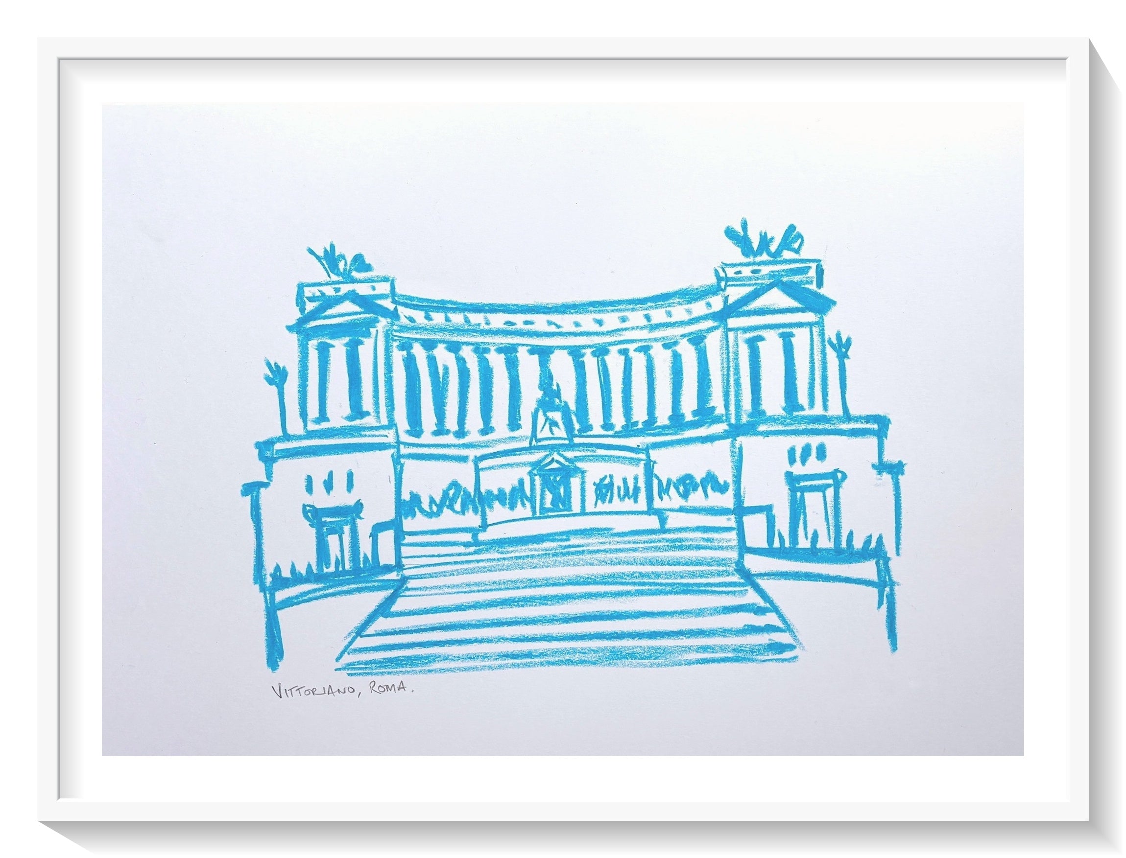 Blue architectural drawing  of Vittoriano Rome on a parchment background by teddy mcdonald